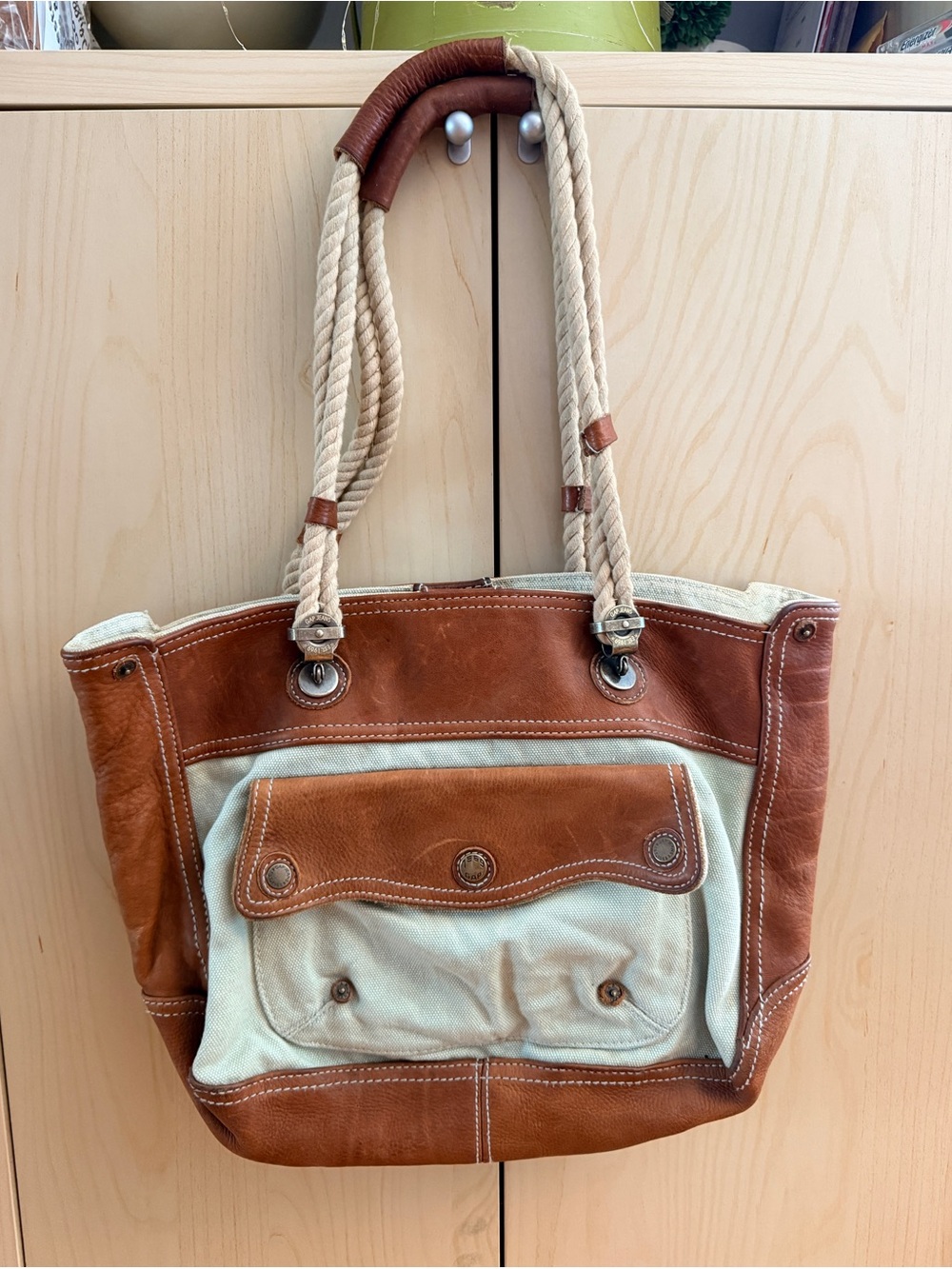 GAP Two-Tone Canvas and Leather Tote in Brown and light green